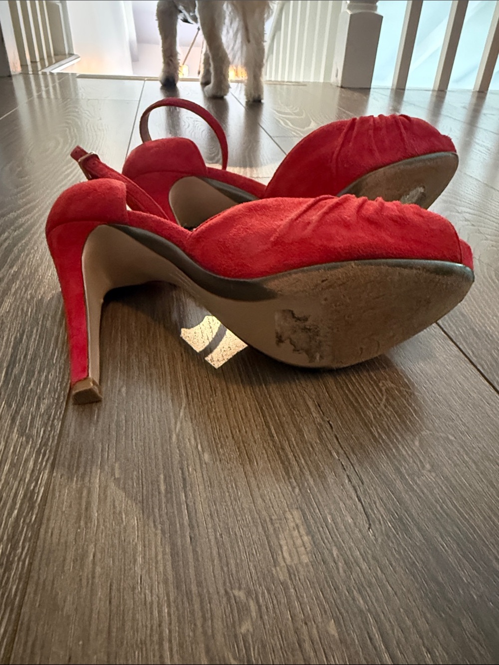 Salvatore Ferragamo Red Suede Peep-Toe Ankle-Strap Heels with Gold Plaque - Picture 4 of 5